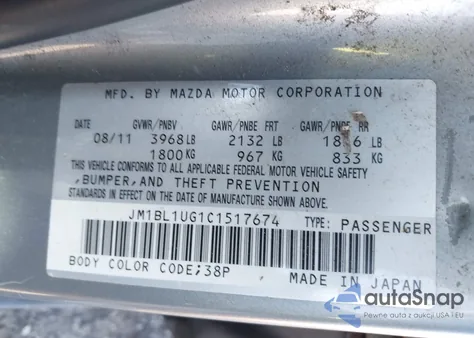 2012 Mazda Mazda3 I Sport from USA, damaged, VIN JM1BL1UG1C1517674